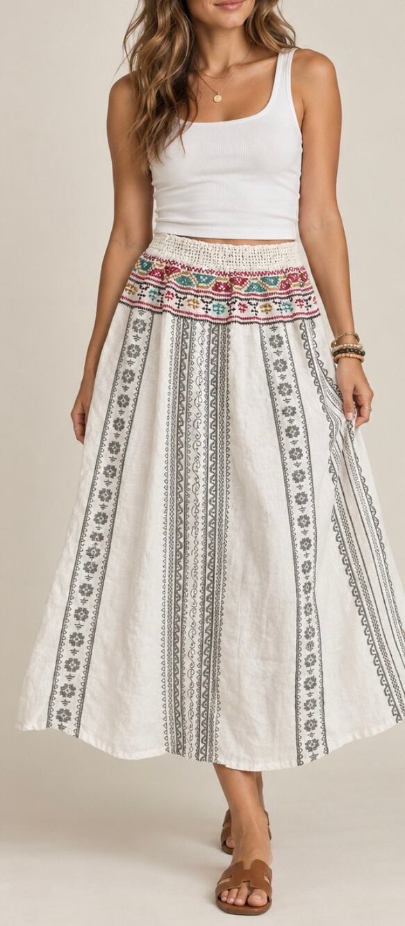 Johnny Was Linen Embroidered A-Line Midi Skirt Boho Elastic Waist Florals Size M